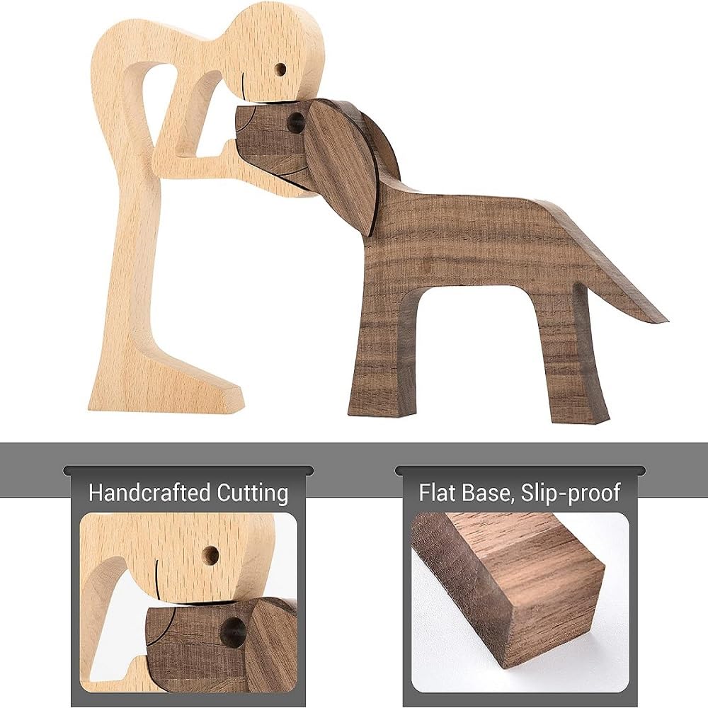 FHDTW Handmade Wooden Dog Unique Gift for Dog Lover, Wooden Man and Dog Carving Statue, Wood Dog Sculpture Home Office Tabletop Figurine Carved Wood FHTDW