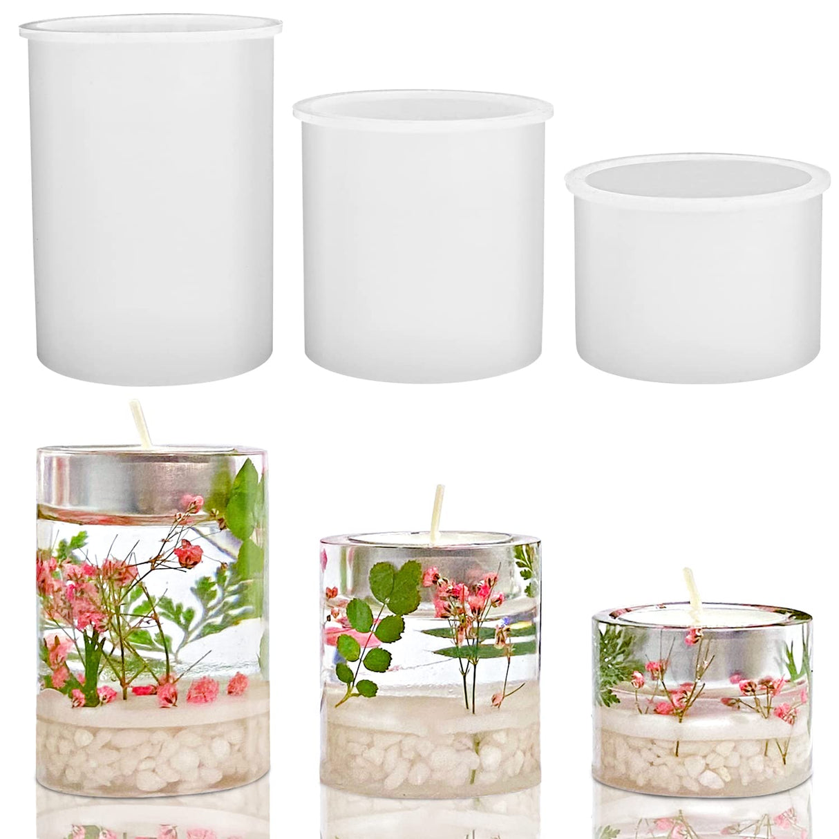 RESINWORLD 3 Size Tealight Candle Holder Mold for Epoxy Resin + Set of 4", 3", 2", 1.5", 1", 0.5" Clear Silicone Cube Molds, Large Deep Square Epoxy ResinWorld