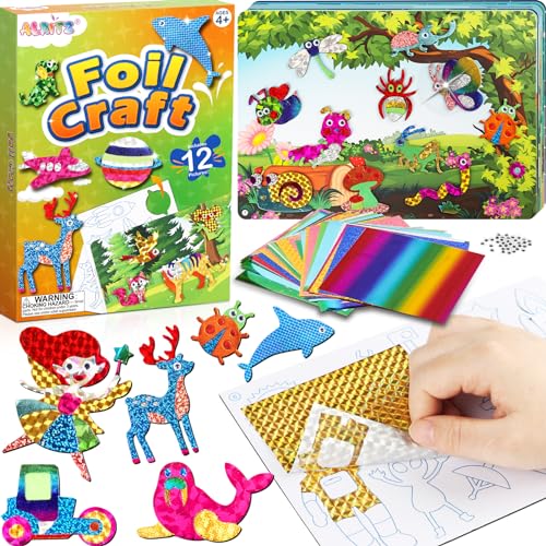 Alritz Foil Crafts Fun Kit, No Mess Foil Art Kit Toys for Kids Animals Space Cars, Foil Stickers, Art Craft Supplies, DIY Christmas Gift for Girls Alritz