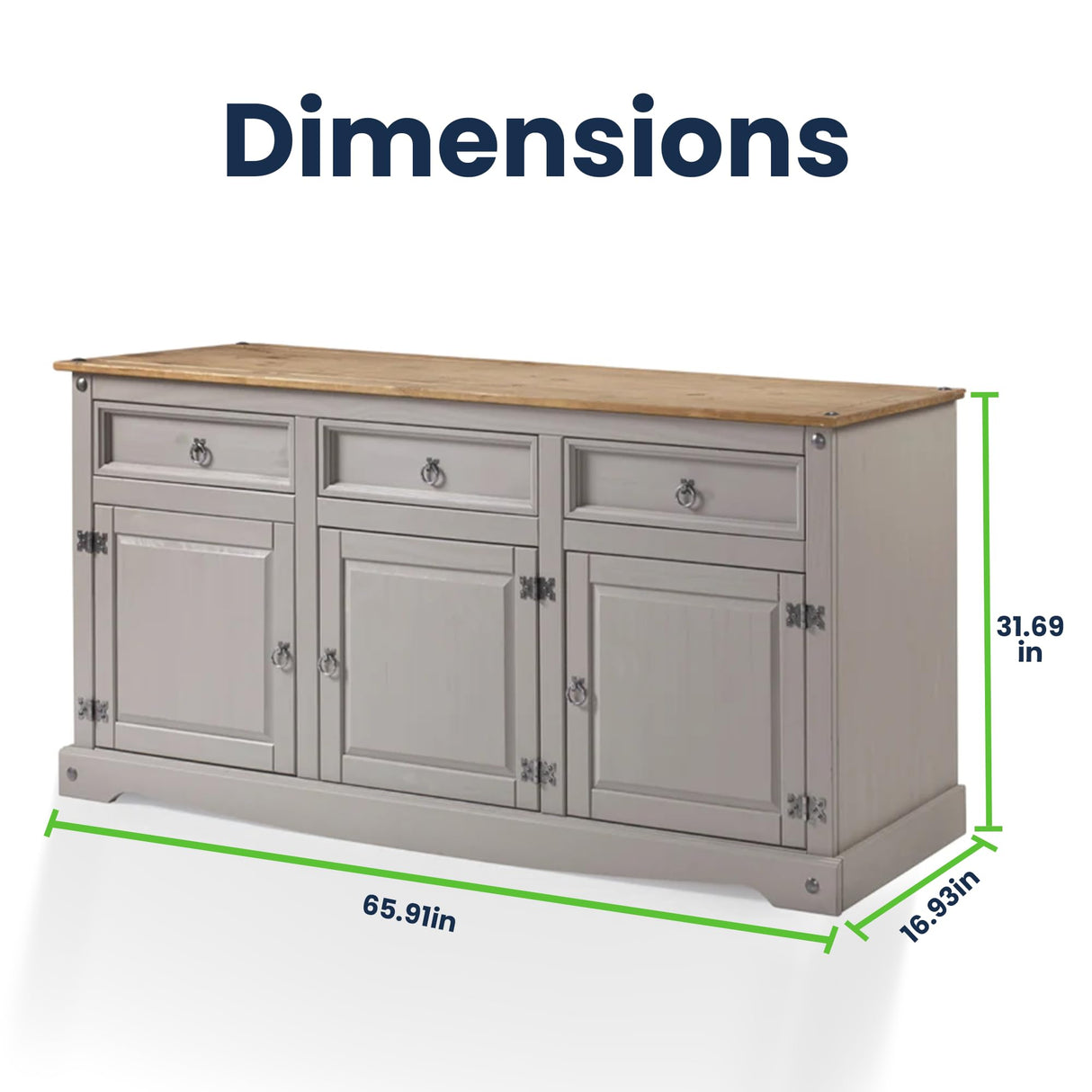 Furniture Dash Solid Wood Sideboard Buffet 65.9" W, 16.9" D, 31.6" H - Wooden Storage Cabinet, Cupboard Console Table, Ideal for Living Room, Kitchen Furniture Dash