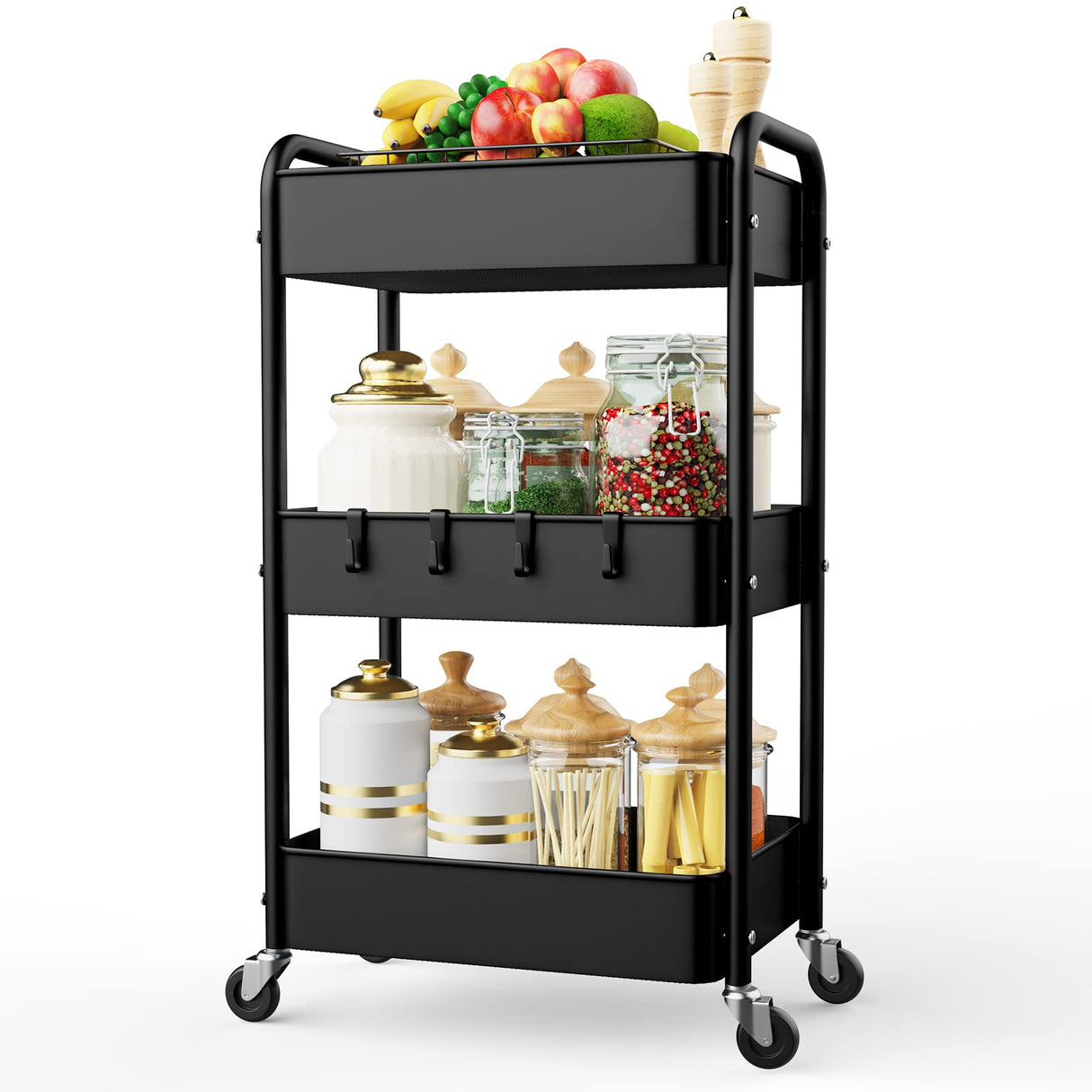 LEHOM 3 Tier Rolling Utility Cart, Metal Trolley Cart with Wheels, Hooks, Easy Assembly Organizer Storage Cart for Bathroom, Kitchen, Office, LEHOM