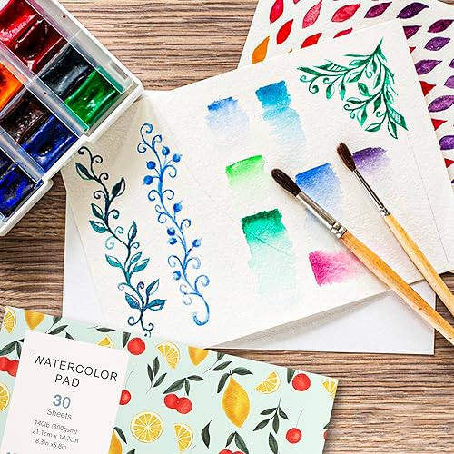 30 Sheets Watercolor Paper Pad, A5 (8.3 x 5.8") Cold Press Watercolor Paper, 140 lb/300 GSM Tearable Water Color Pad Christmas Gifts for Art Prudiut