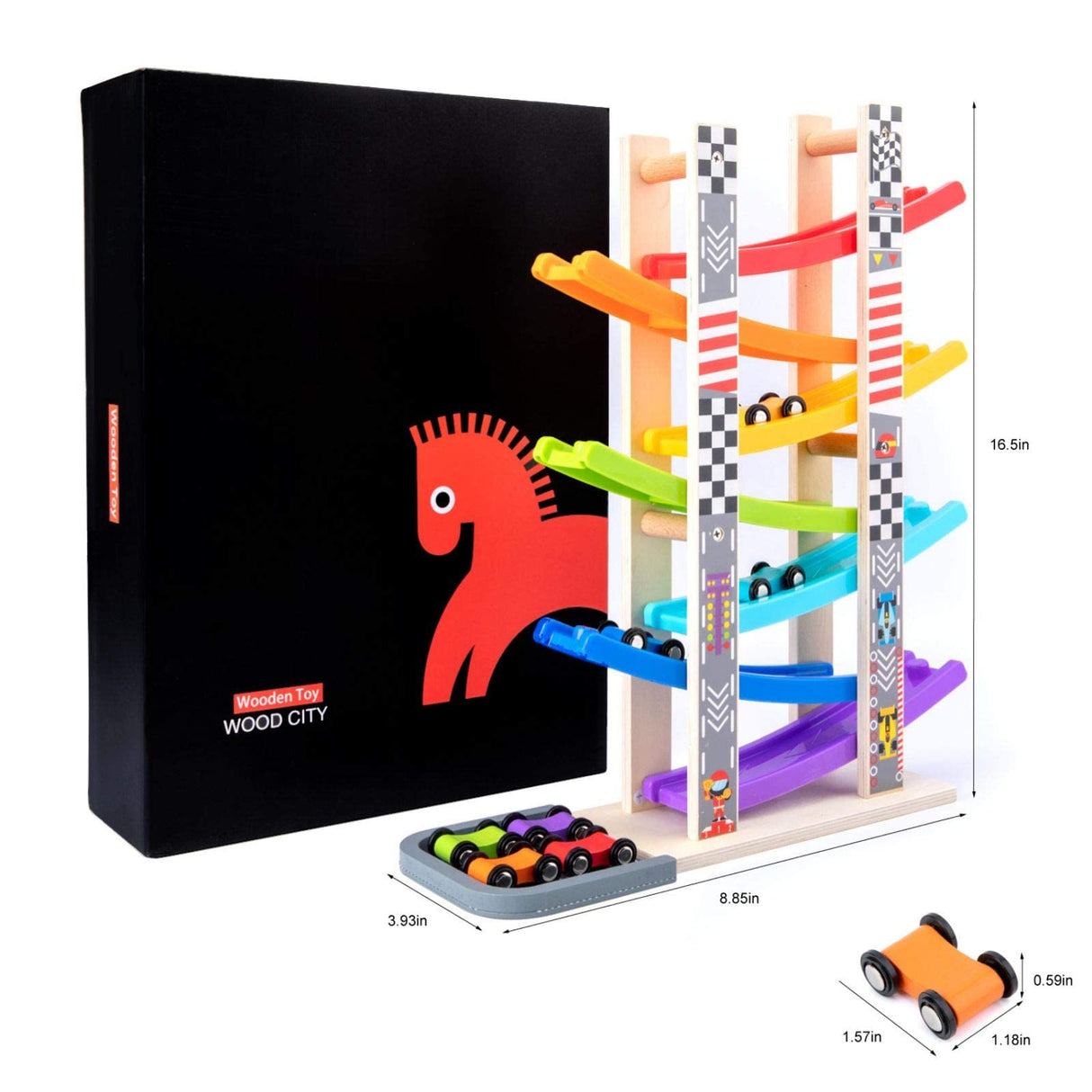 WOOD CITY Toddler Toys for 1 2 3 Years Old, Wooden Car Ramp Racer Toy Vehicle Set with 7 Mini Cars & Race Tracks, Montessori Toys for Toddlers Boys WOOD CITY