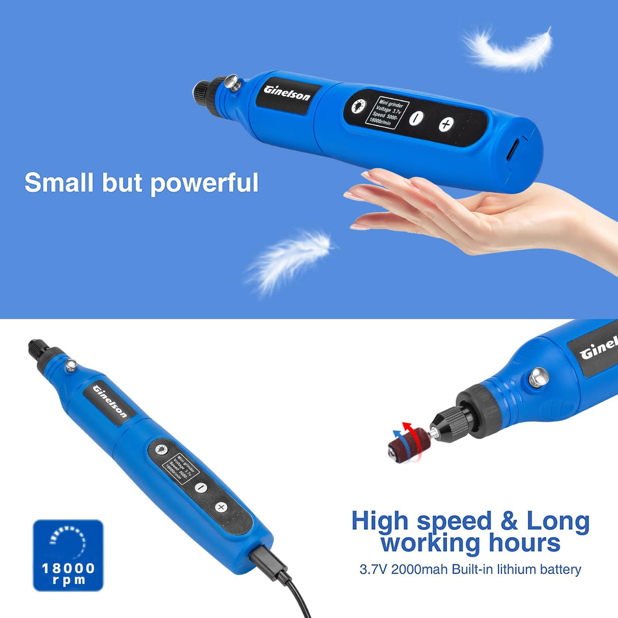 GINELSON Cordless Rotary Tool, 2000 mAh Battery Pack, 5-Speed and USB-C Charging Rotary Tool Kit with 64 Accessories, Multi-Purpose 3.7V Power Rotary GINELSON
