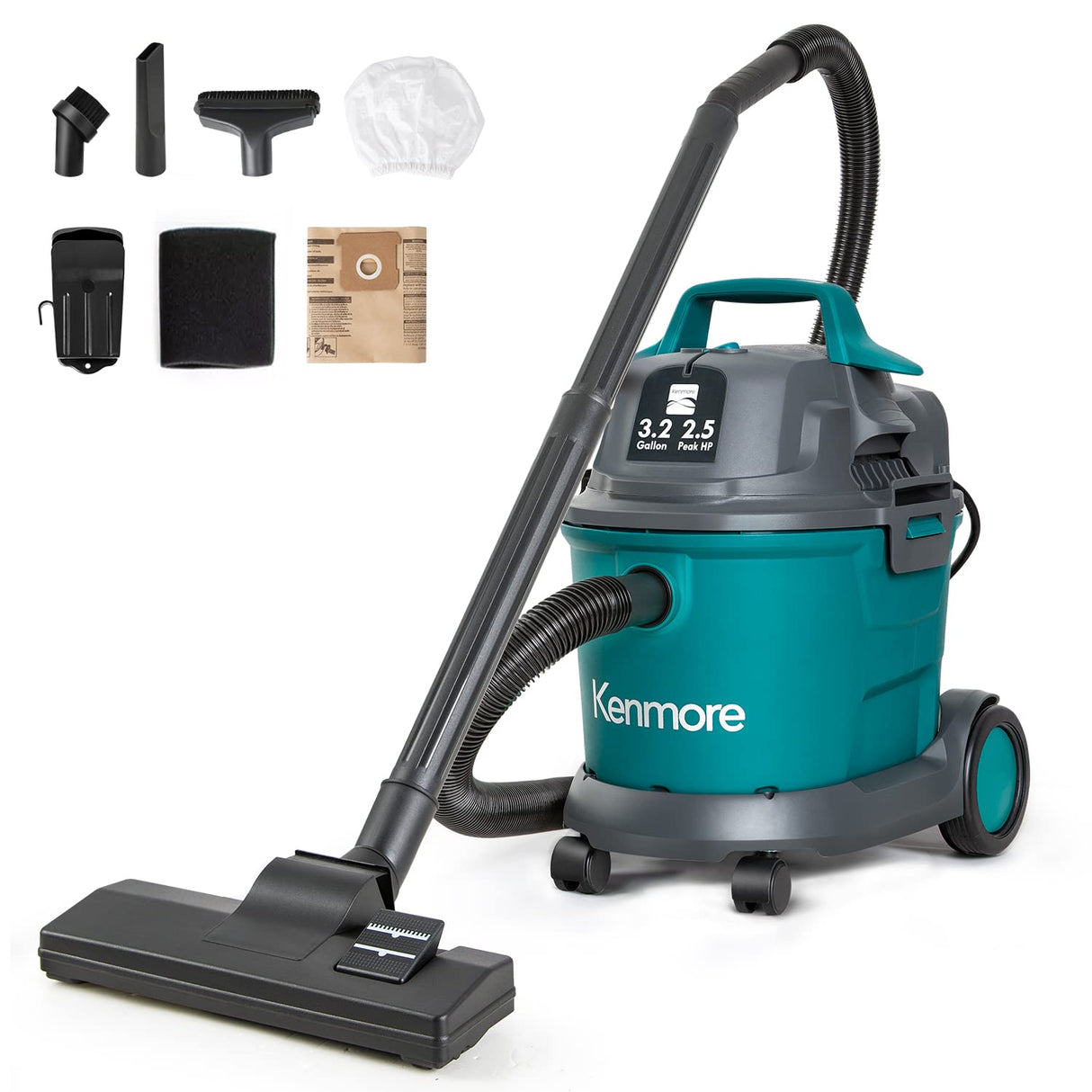 Kenmore KW3030 Wet Dry Canister 3.2 Gallon 2.5 Peak HP Shop Vacuum Cleaner with Extension Wands Tool Storage & Wall Bracket for Garage, Car, Home & Kenmore
