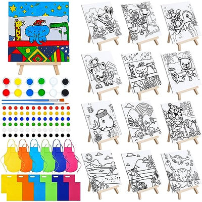 Tenceur 48 Pcs Kids Paint Party Favors Sets with 12 Pcs 5.9 x 5.9 Pre Drawn Canvas Panel and Wooden Easel Set Paint Pots and Brushes, 12 Pcs Mini