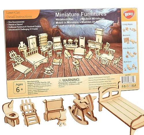 BOHS 34-Piece Dollhouse Furniture Set - Laser Cut Wooden 3D Puzzles - Miniature Doll House DIY Models and Accessories BOHS