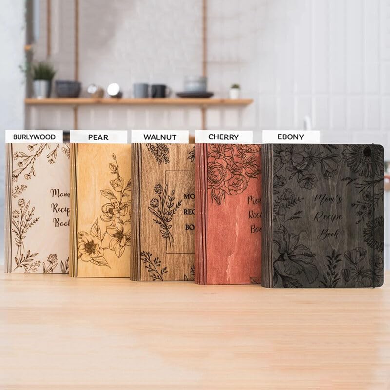Drawelry Personalized Recipe Book, Custom Recipe Book, Customized Beautiful Floral Engraving Name Text Wood Cover Journal Notebook Christmas Mother's Drawelry