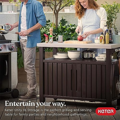 Keter Unity XL Outdoor Kitchen Island Rolling Cart Bar Table & Storage Cabinet, Grill Station with Utensil Hooks for Grilling Accessories, Brown Keter