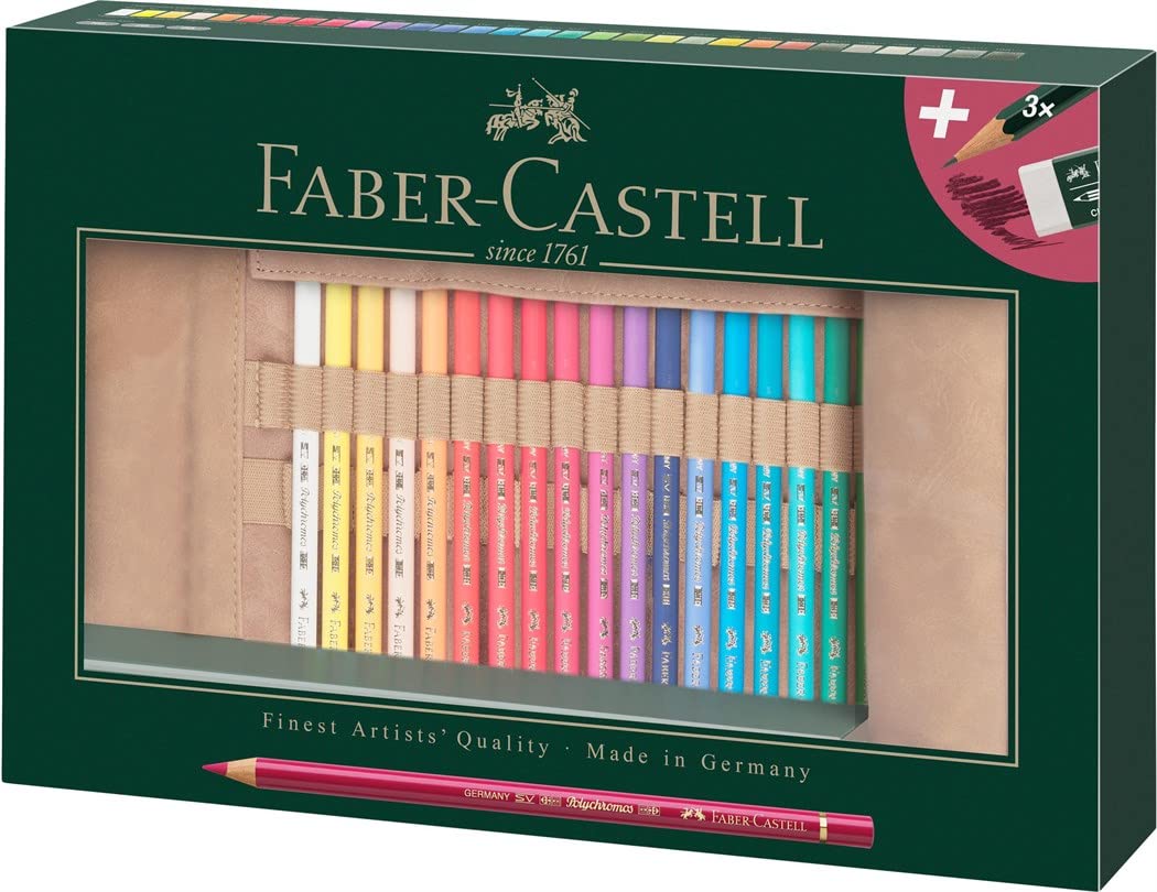 Faber-Castell 110030 Polychromos Coloured Pencils Set of 30 with Leather Pencil Roll and Accessories Waterproof Shatterproof for Professionals and Faber-Castell