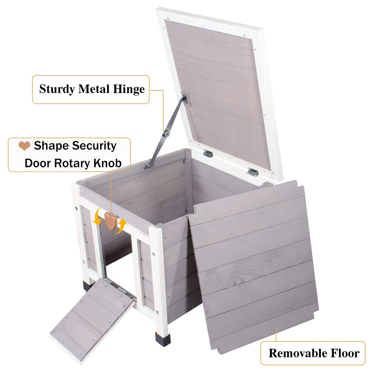 Deblue Weatherproof Cat House for Outdoor Cats, Wooden Small Pet House Outside, Feral Cat Shelter with Elevated Floor and Lockable Door - Grey Deblue