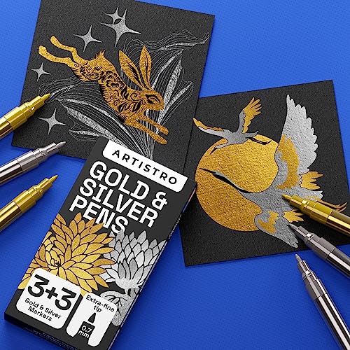 Metallic Acrylic Paint Pens for Rock Painting, Stone, Ceramic, Glass, Wood, Fabric, Canvas, Metal, Scrapbooking (6 Pack) Set of 3 Gold & 3 Silver ARTISTRO