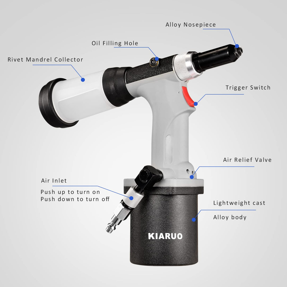 KIARUO Pneumatic Rivet Gun S30 Self-Suction Air Rivet Gun 3/16" 5/32" 1/8" 3/32" Hydraulic Riveter with 1 Set of Extra Jaws KIARUO