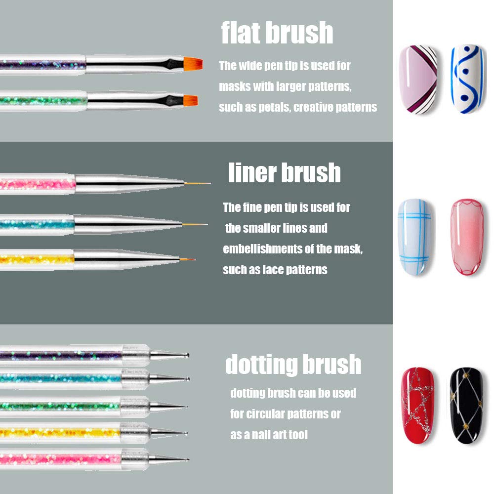 iFwevs Nail Art Brushes,5pcs Double Ended Brush & Dotting Tool Kit,Including Nail Liner Brush and Nail Dotting Pens for Nail Art Nail Salon iFwevs