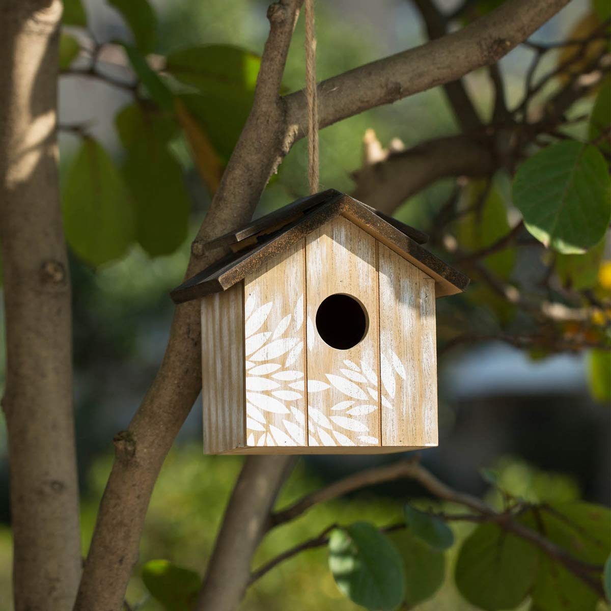 Topadorn Wooden Bird House Hanging Outdoor,Eco Friendly Materials and Decorative with Leaves Printed Topadorn