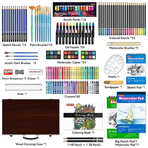 Shuttle Art 186 Piece Deluxe Art Set, Art Supplies in Wooden Case, Painting Drawing Art Kit with Acrylic Paint Pencils Oil Pastels Watercolor Cakes Shuttle Art