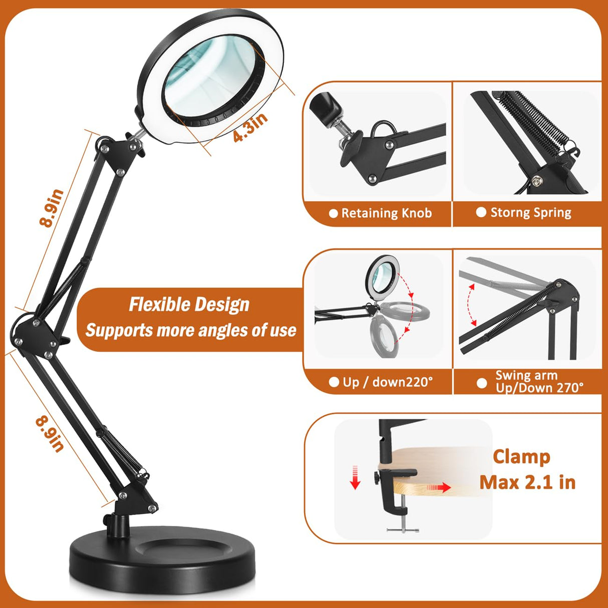 Veemagni 10X Magnifying Glass with Light, 5 Color Modes Stepless Dimmable 2-in-1 Desk Lamp and Clamp, LED Lighted Magnifier with Light and Stand, Veemagni