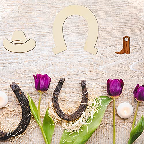 72 Pieces Unfinished Cowboy Wooden Cutouts Horseshoe Shape Wood Discs Slices Wood Cowboy Boot Hat Cutouts Wood Cowboy Theme Crafts for Western Cowboy Chinco