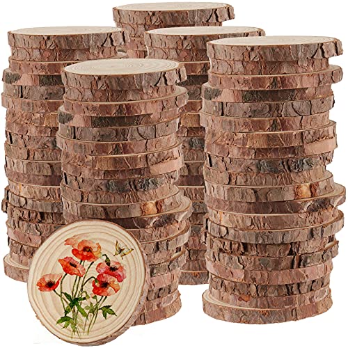 HAKZEON 100 PCS 2.8-3.2 Inches Natural Wood Slices, 2/5 Inches Thick Wood Rounds with Bark, Unfinished Wooden Discs for Crafts Rustic Wedding HAKZEON