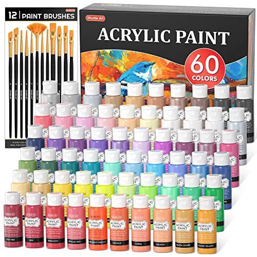 72 Pack Acrylic Paint Set, Shuttle Art 60 Colors Acrylic Paint Including Extra White Black & 12 Brushes, 2oz/60ml, Rich Pigmented, Water Proof, Ideal Shuttle Art