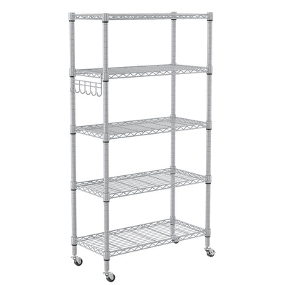 Homdox 5 Tier Adjustable Rolling Storage Shelves, Heavy Duty Wire Storage Racks and Shelving, Metal Shelves for Storage with Side Hooks for Pantry