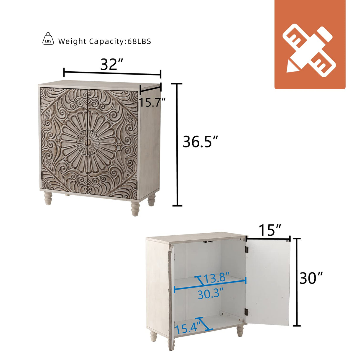 HOMPUS Accent Cabinet w Flower Pattern Doors & Shelf,Rustic Boho Decorative Cabinet w Wood Grain Finish,Buffet Sideboard Storage Cabinet,Coffee Bar HOMPUS