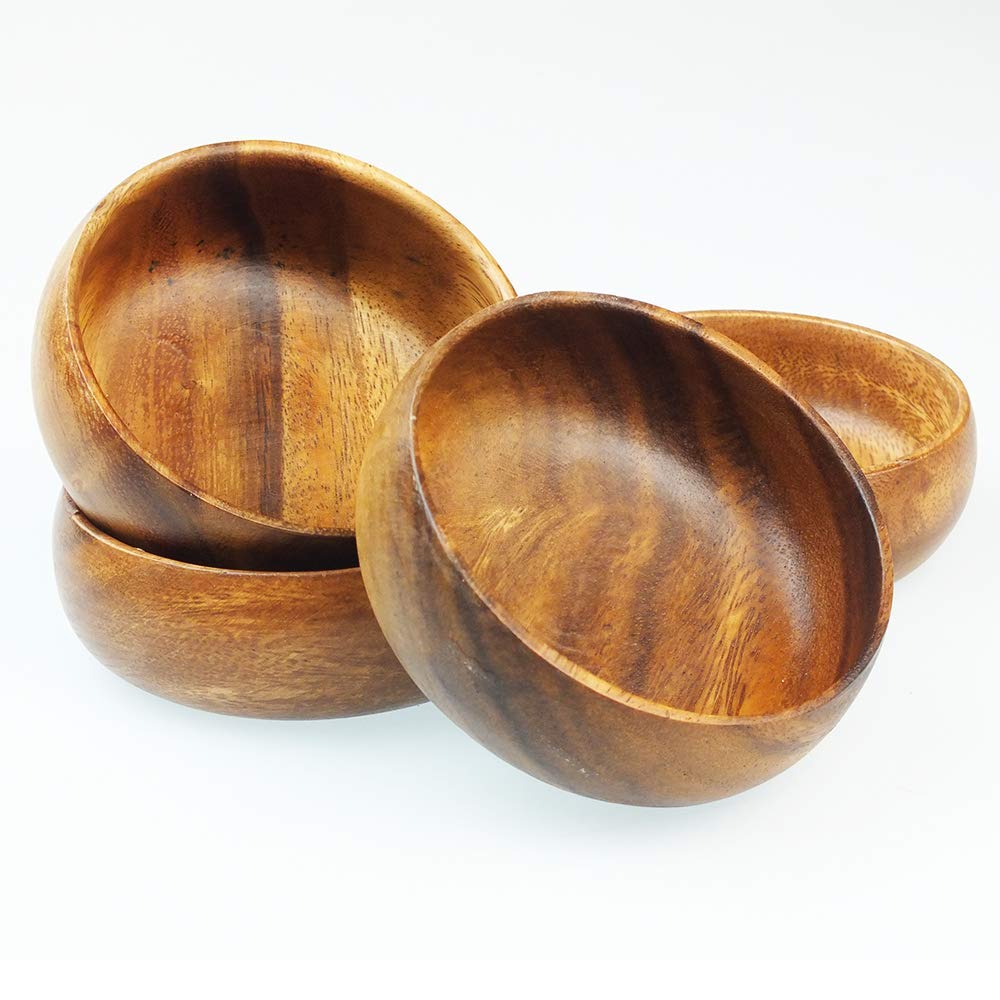 Acacia Handmade Wood Carved Plates - Set of 4 Calabash Bowls Size 4" (Round) BSRN