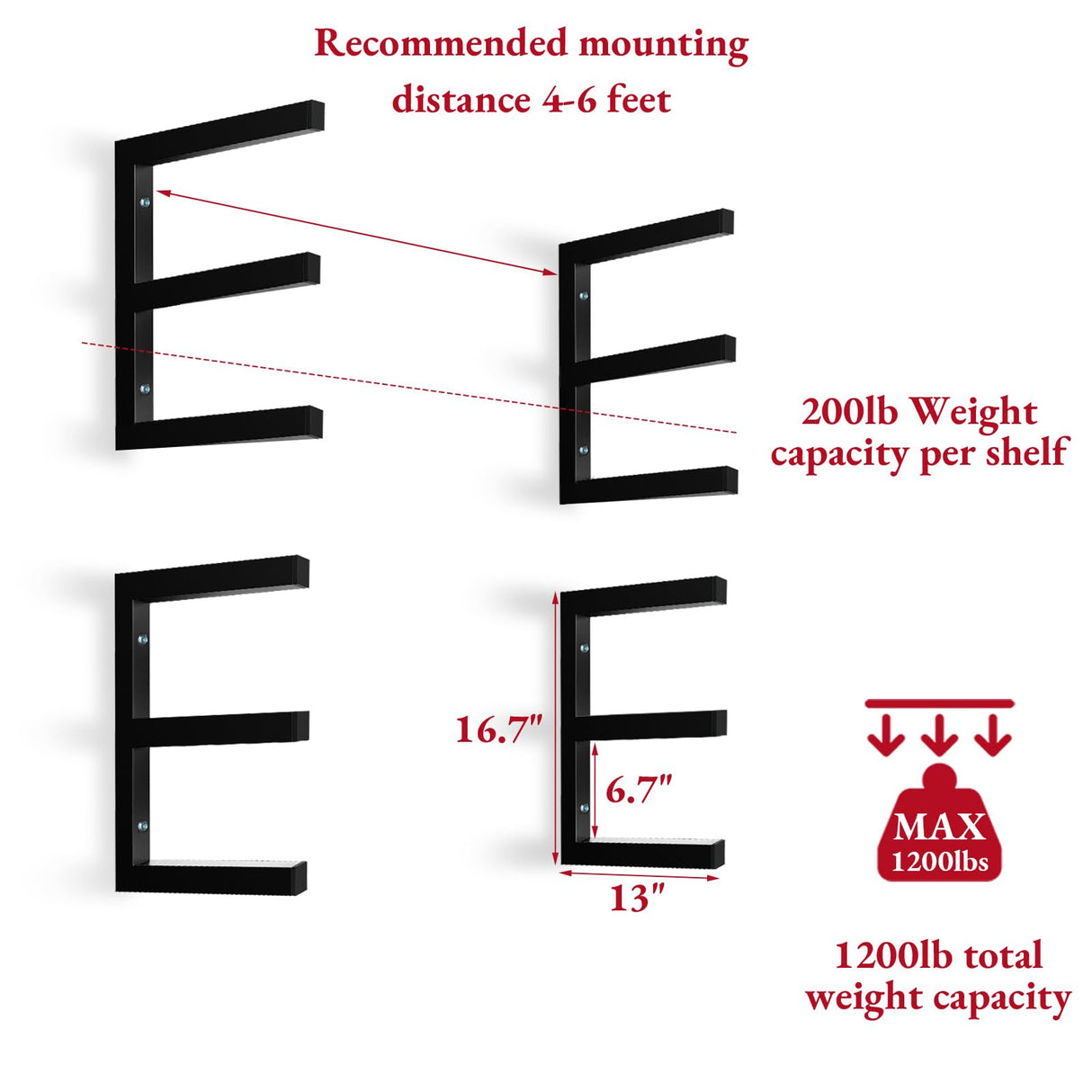 MOOMSINE Lumber Storage Rack Wall Mount, Heavy Duty Metal Wood Organizer with 6-Level Each Shelf Holds Up 200 Lbs, Indoor & Outdoor Use - Black MOOMSINE