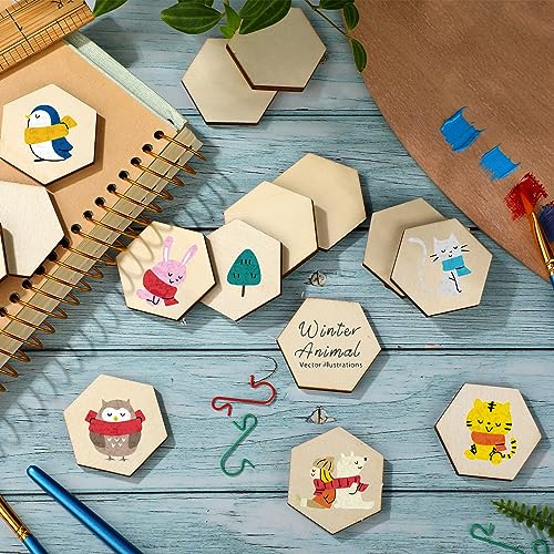 120 Pcs Unfinished Wood Hexagon Pieces 1/5" Thick Wooden Hexagon Cutouts Blank Wood Hexagon Slices Wooden Chips Embellishments for DIY Crafts AWIZOM
