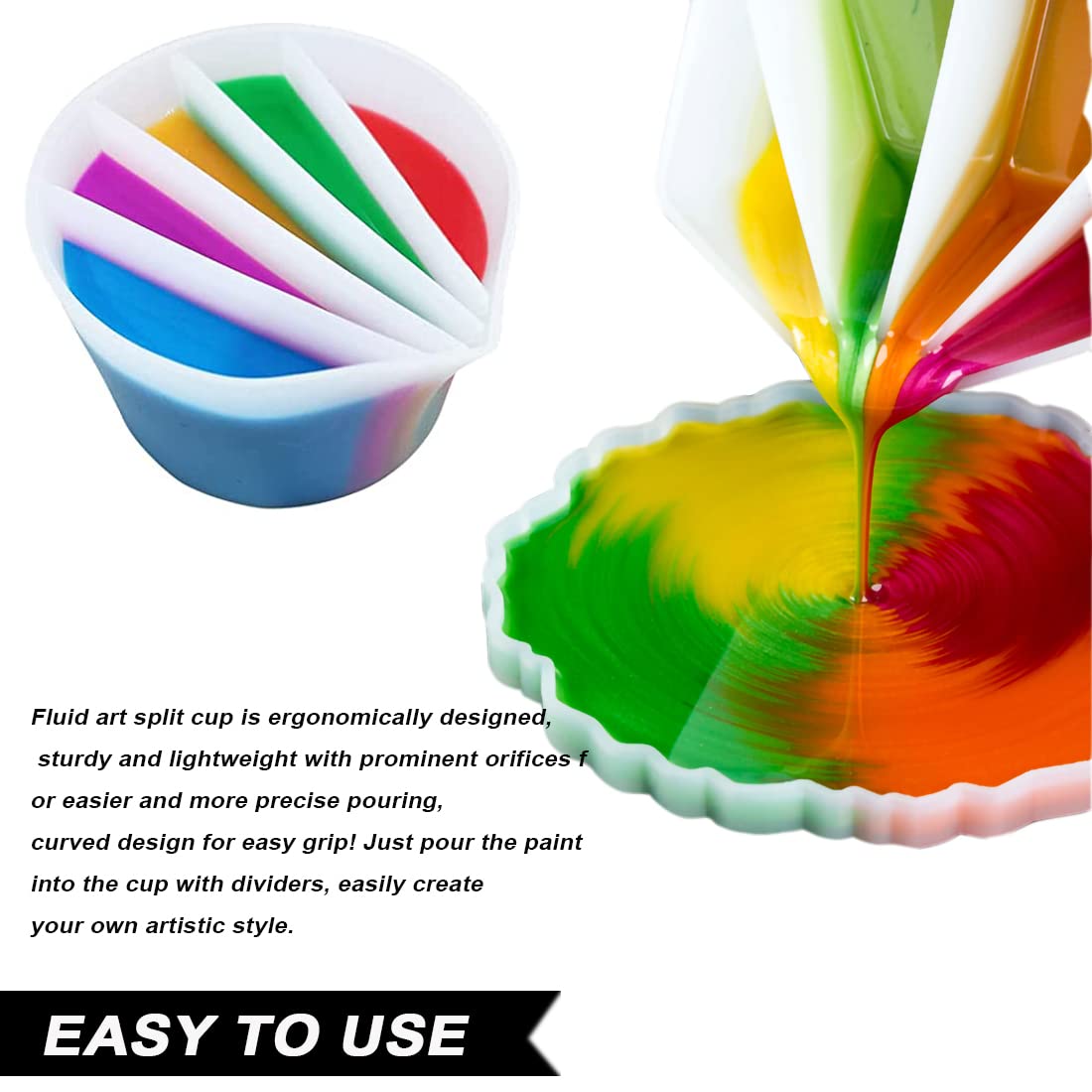 4 Pack Split Cups for Paint Pouring + 2 Pcs Stir Stick, Silicone Paint Pour Cup Resin with 2-5 Channels Dividers Pouring Painting Tools for DIY IOUALEY