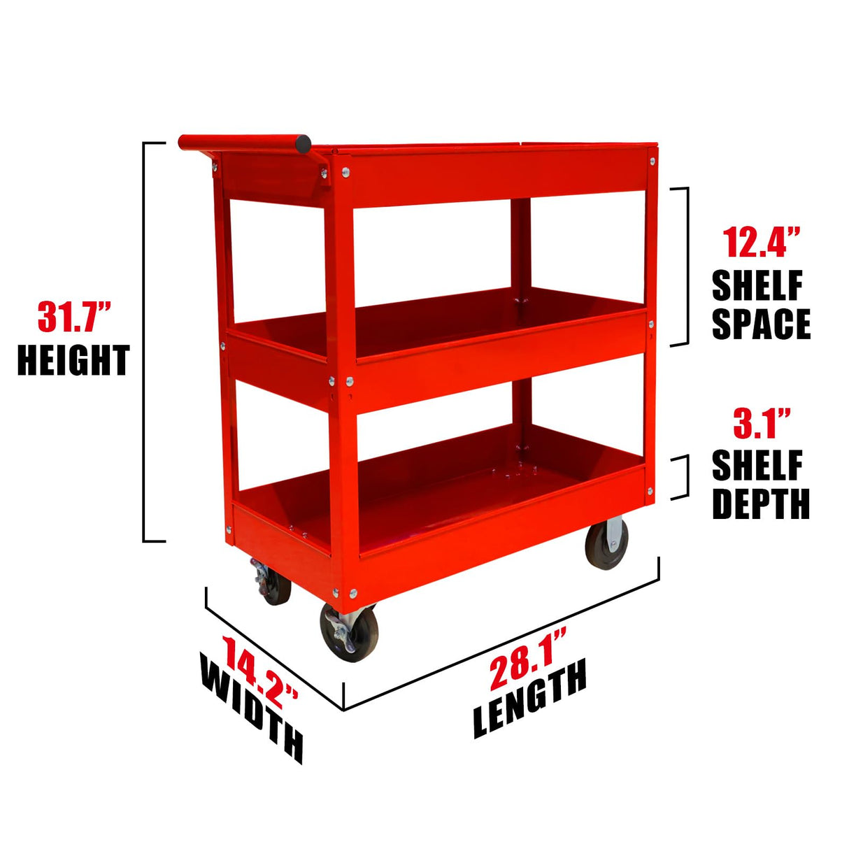 BIG RED 3-Tier Service Cart 400 lbs capacity metal cart on wheels For Garage Warehouse Workshop Use Stainless Steel Utility Cart,APTC302R,Torin BIG RED