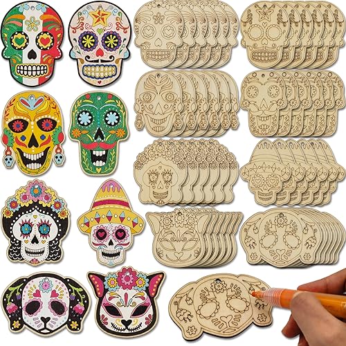 48 Sets Day of The Dead Skull Crafts Kits Unfinished Wooden Sugar Skull Ornaments Make Your Own Mexican Fiesta Festival Decor Halloween Blank DIY Generic