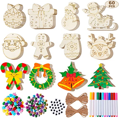 MGParty 60Pcs DIY Wood Slices, Wooden Christmas Ornaments Bulk for Crafts, Unfinished Paintable Wooden Hanging Decorations, Wood Kit for Crafts with
