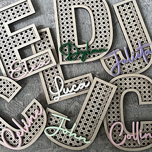 Custom Boho Wood Personalized Initial & Name Sign, 3D Layered Letter Handmade Rattan Wall Decor for Nursery or Child's Bedroom - Baby Shower, Imaginate