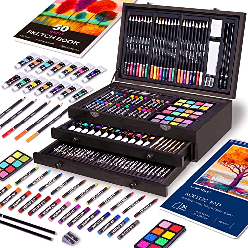 175 Piece Deluxe Art Set with 2 Drawing Pads, Acrylic Paints,Crayons,Colored Pencils,Paint Set in Wooden Case,Professional Art Kit,Art Supplies for Color More