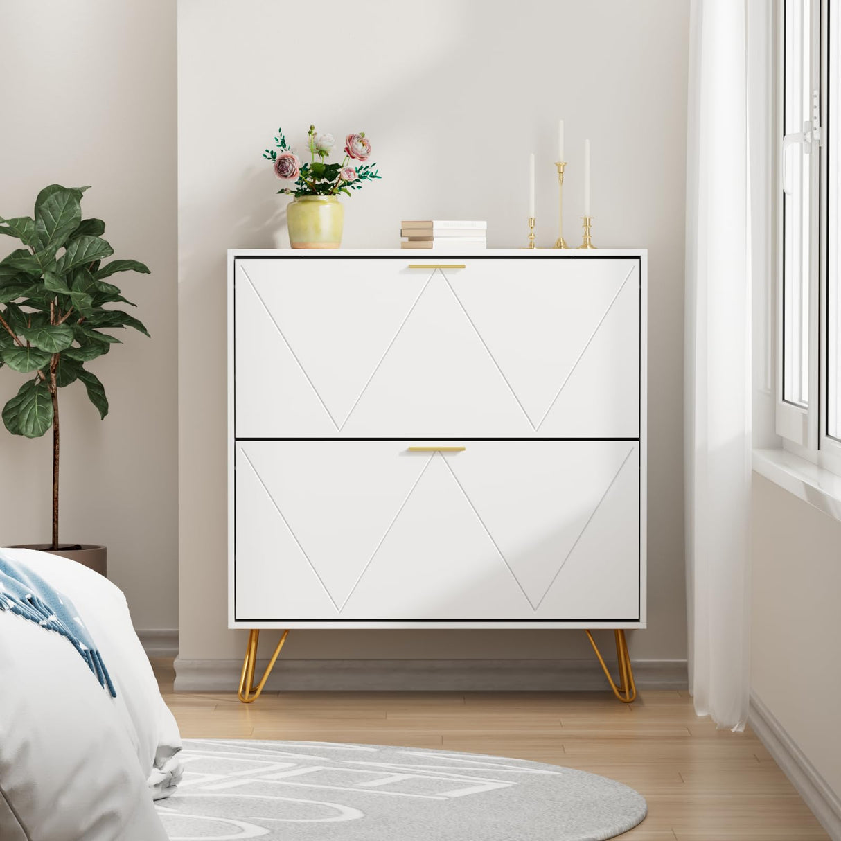 CARPETNAL Shoe Cabinet for Entryway Slim, White Shoe Storage Cabinet with 2 Flip Drawers, Narrow Shoe Rack Cabinet, Freestanding Shoe Cabinet CARPETNAL