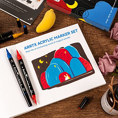 Bundle of 5 Pieces Painting Knives with Arrtx Acrylic Paint Pens, 32 Colors Brush Tip and Fine Tip (Dual Tip) Paint Markers for Rock Painting LIGHTWISH