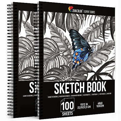 ZENACOLOR - Professional 200 Sheets Sketch Book 9"x12" with Spiral Bound and Hardback Cover - Pack of 2 - White Acid-Free Drawing Paper (100 g) Zenacolor