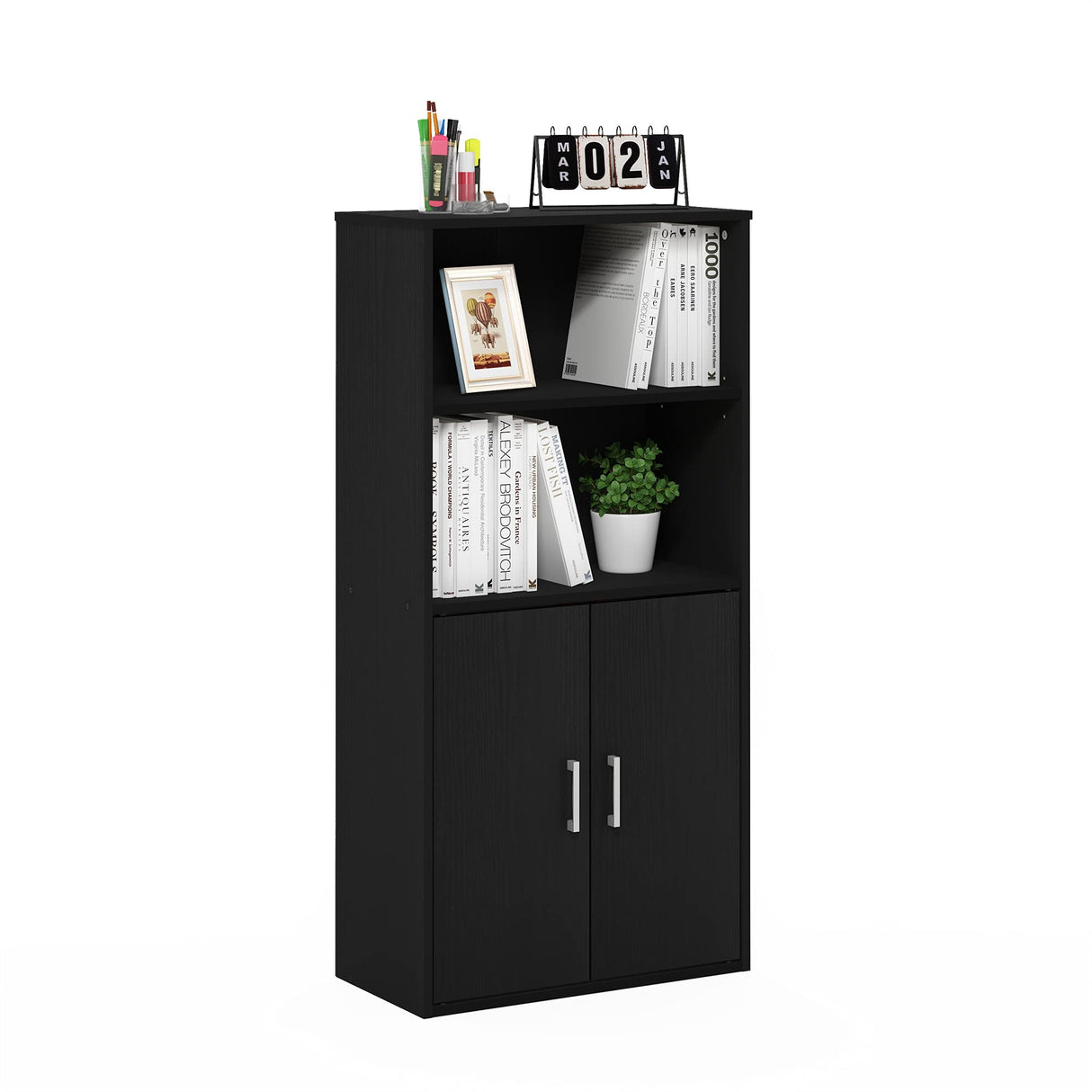 Furinno Pasir Storage Cabinet with 2 Open Shelves and 2 Doors, Black Oak Furinno