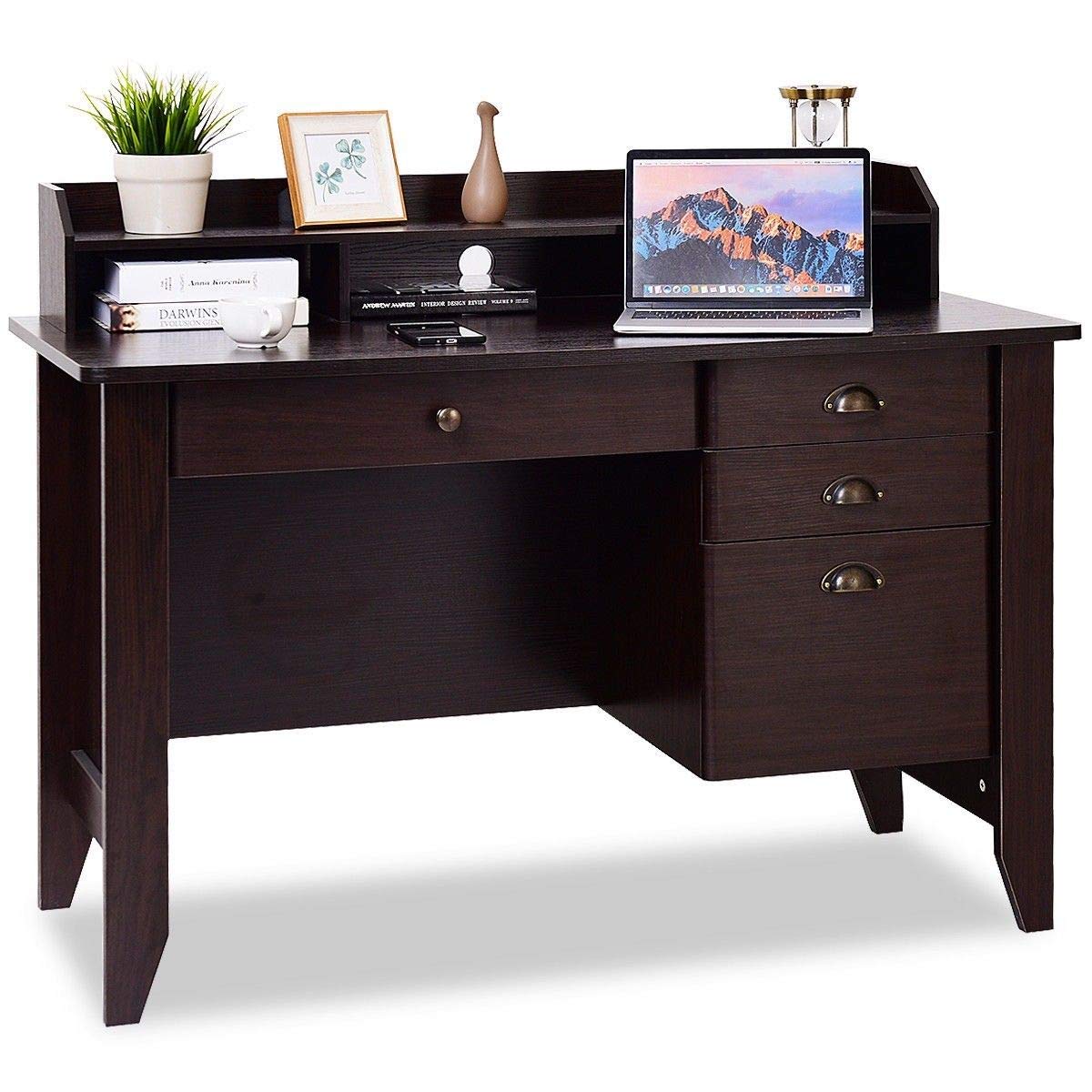Tangkula Computer Desk with 4 Storage Drawers & Hutch, Home Office Desk Vintage Desk with Storage Shelves, Wooden Executive Desk Writing Study Desk Tangkula