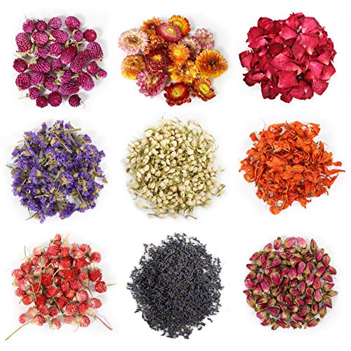 9 Bags Dried Flowers,100% Natural Dried Flowers Herbs Kit for Soap Making, DIY Candle Making,Bath - Include Rose Petals,Lavender,Don't Forget SACATR
