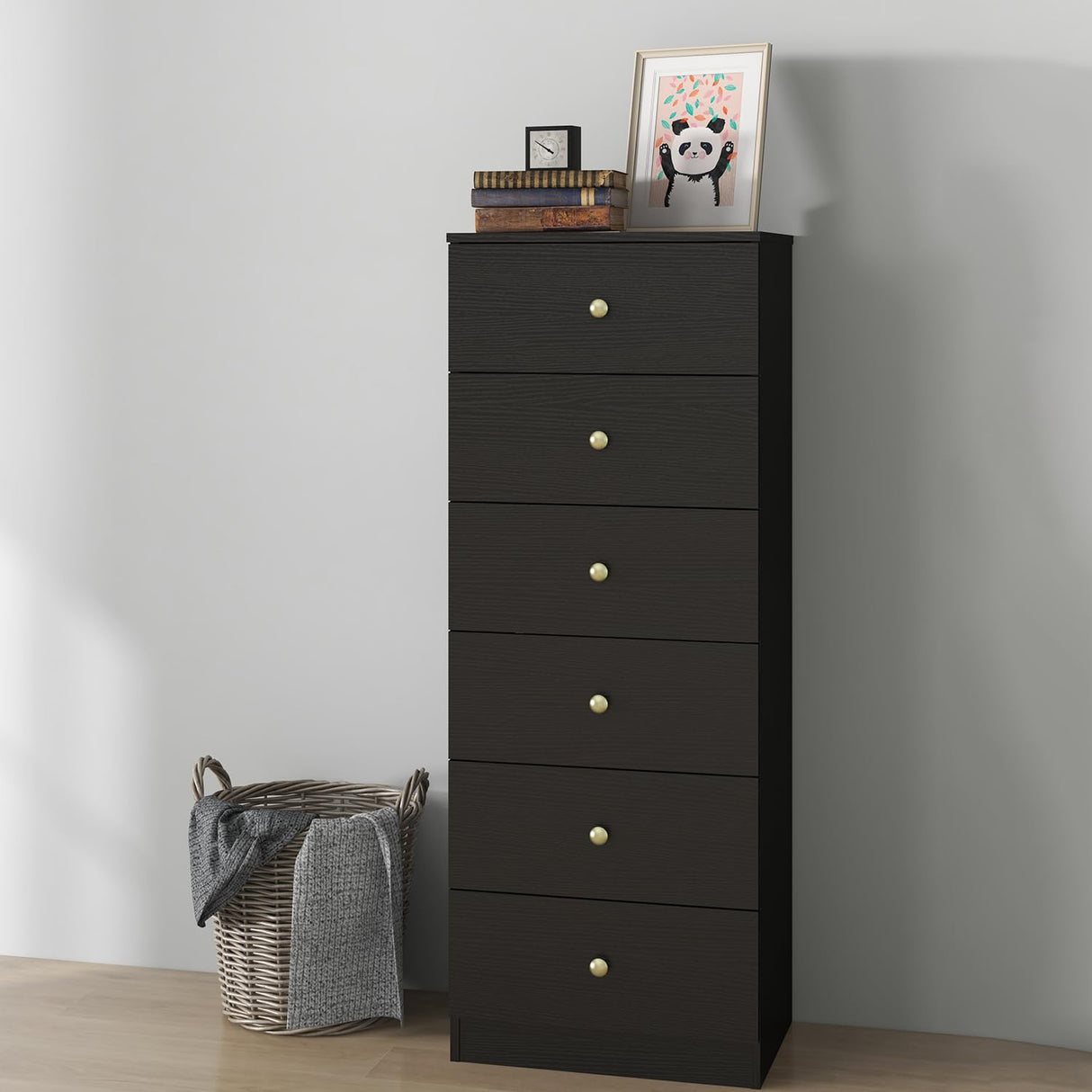 Modern 6 Drawer Vertical Dresser, Wood Tall Chest of Drawers N Arrow Storage Organizer with Wide Drawers & Metal Gold Handles for Bedroom, Living Panana