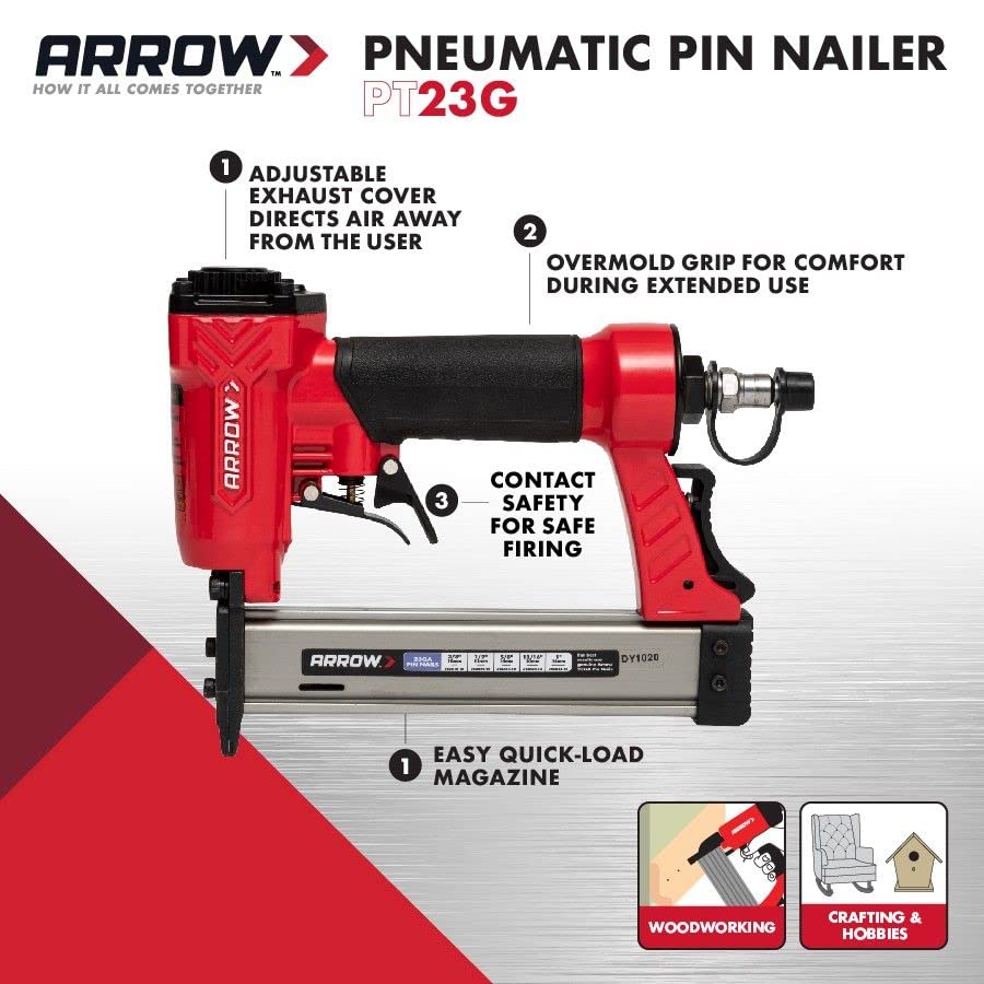 Arrow PT23G 23 Gauge Compact Pneumatic Pin Nail Gun, Oil-Free, Fits 3/8”, 1/2”, 5/8”, 13/16” and 1” Nails Arrow Fastener