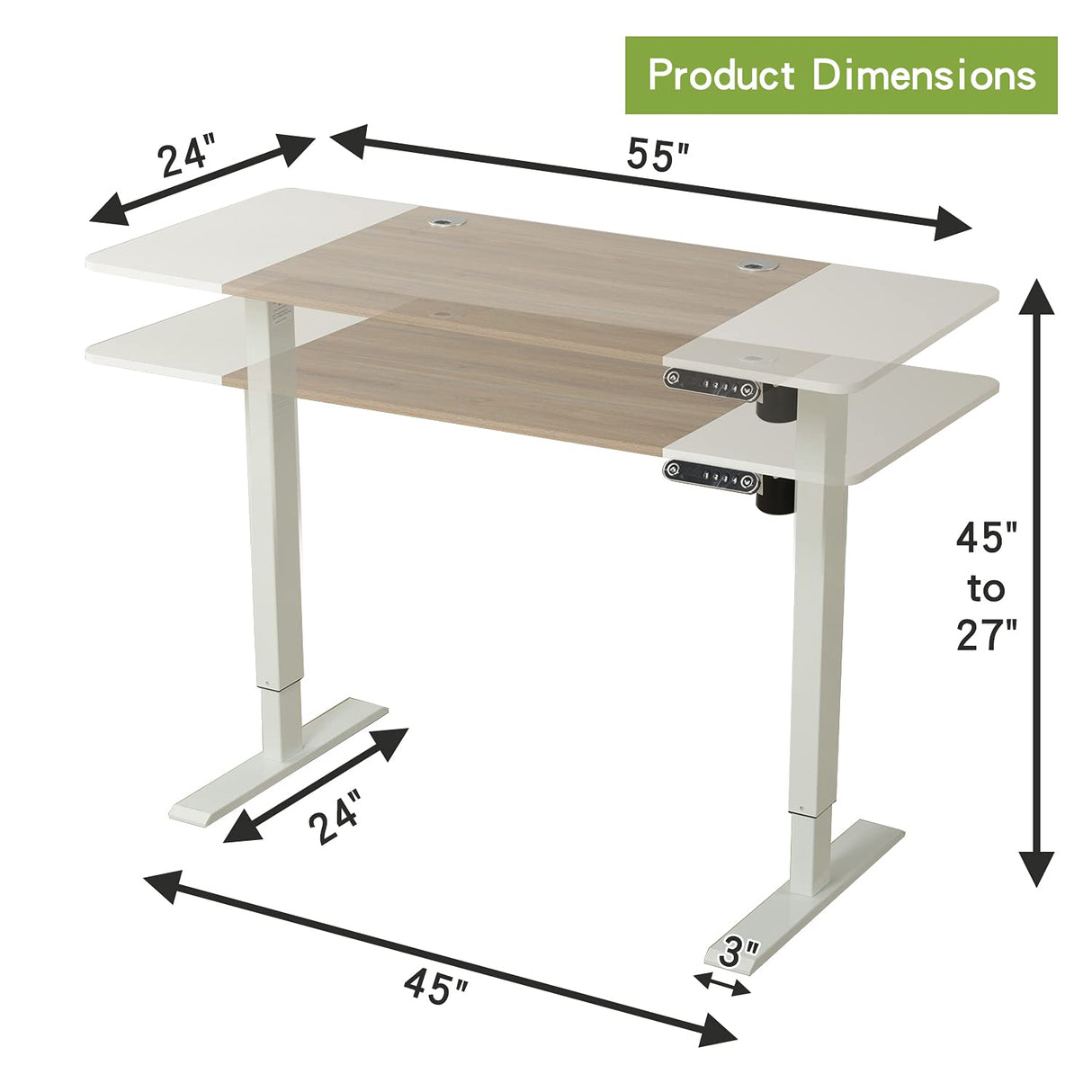 Radlove Electric Height Adjustable Standing Desk, 55 x 24 Inches Stand Up Workstation, Splice Board Home Office Computer Table Ergonomic (White Frame Radlove