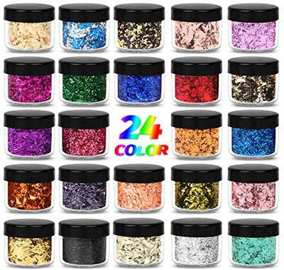 Mingjieus Gold Foil Flakes, 24 Color, Metallic Foil Flakes, Gilding Flakes, Gold Leaf Flakes, Gold Flakes for Resin, Nails, Painting, Crafts