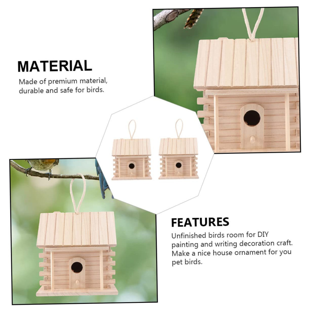BESPORTBLE 2pcs Hanging Wooden Bird's Nest Wood Decor Wooden Decor Bird Feeders for Outdoors Parakeet Wooden Bird Nest Wood Trim Natural Bird Hut BESPORTBLE