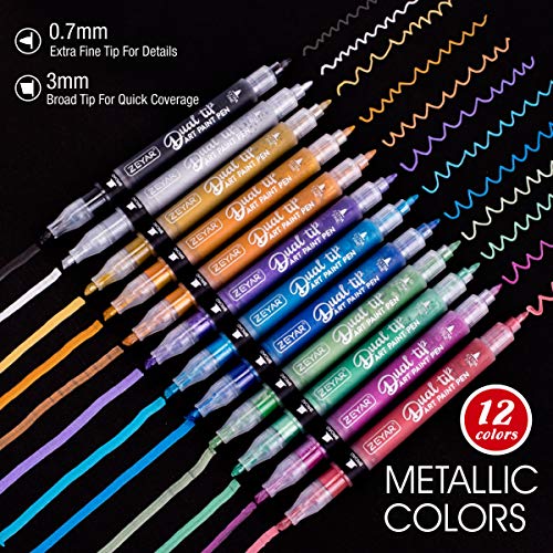 ZEYAR Dual Tip Acrylic Paint Pens 12 Metallic Colors, Board and Extra Fine Tips, Patented product, Water Based Acrylic & Waterproof Ink (12 Metallic ZEYAR