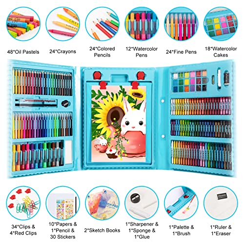 VigorFun Art Supplies, 240-Piece Drawing Art Kit, Gifts Art Set Case with Double Sided Trifold Easel, Includes Oil Pastels, Crayons, Colored Pencils, VigorFun