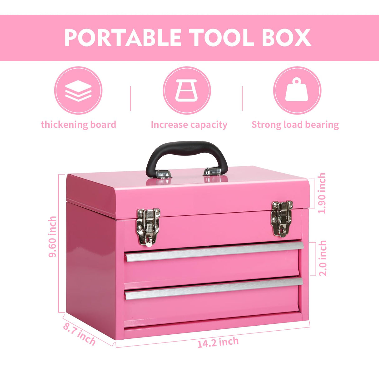 14 Inch Steel Portable Tool Box with drawers - Tool Storage Box Organizer with Metal Latch Closur - Powder Coated Toolbox Chest for Tools Storage TWUBLK