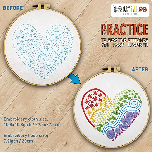 Learn 30 Stitches Heart Embroidery kit for Beginners with Stamped Embroidery Patterns Starter Kit. Needlepoint Cross Stitch for Kids & Adults CRAFTILOO